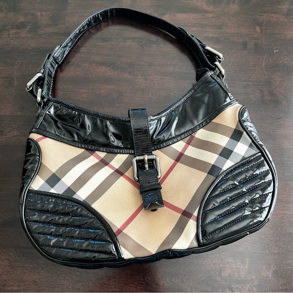 Authentic Vintage Burberry Large Canvas Shoulder Bag w Patent Leather - Picture 2 of 15
